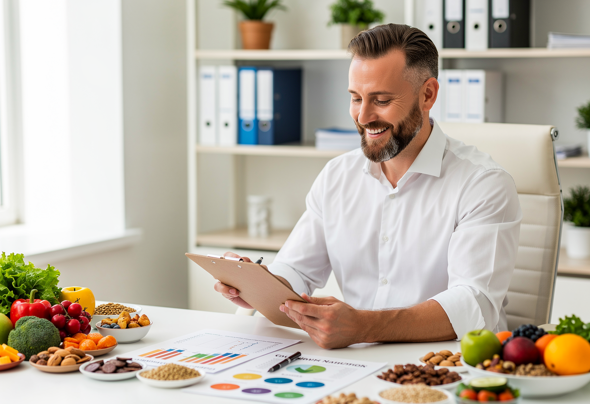 Smiling woman in her early 50s with short gray hair wearing a light green sweater, sitting at a modern kitchen table with fresh vegetables and a notebook, looking confident and healthy while planning her meals in natural lighting