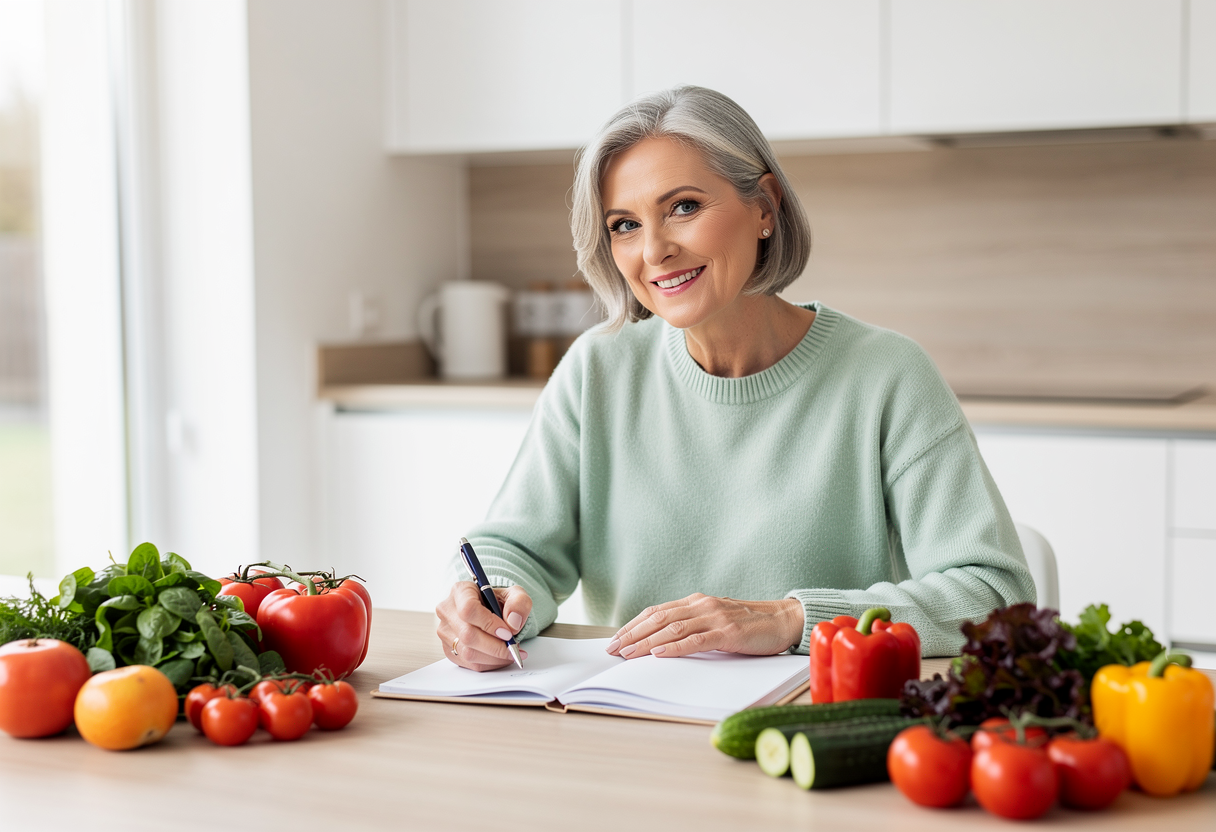 Professional male nutritionist in his late 40s with a friendly beard wearing a white collared shirt, sitting in a modern clinic consultation room with healthy food samples on the desk, smiling warmly while reviewing nutrition charts